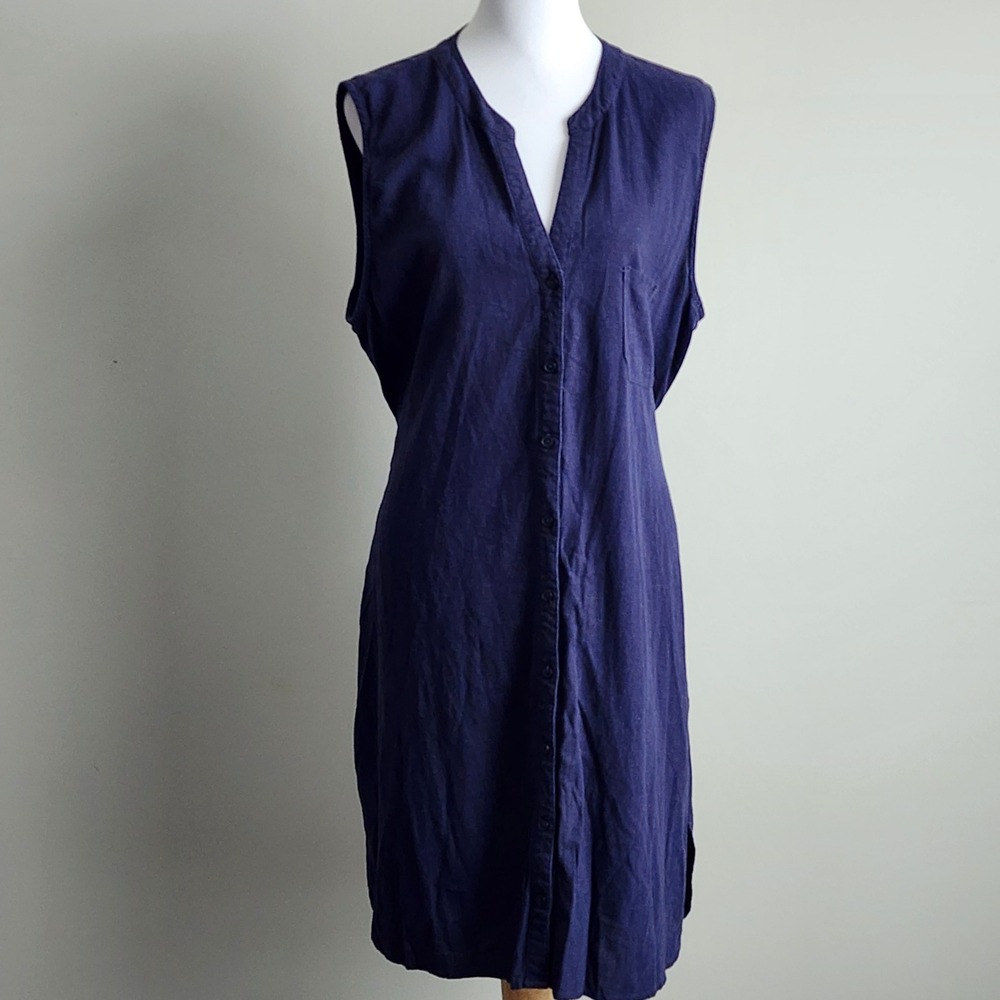 Kenar Linen Blend Button Front Dress Womens 1X Sleeveless Belted Midi Resort